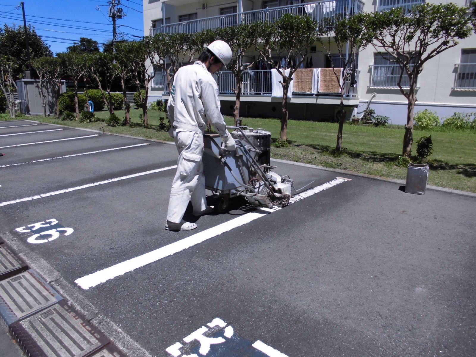 ライン引き機械で区画線を施工している様子